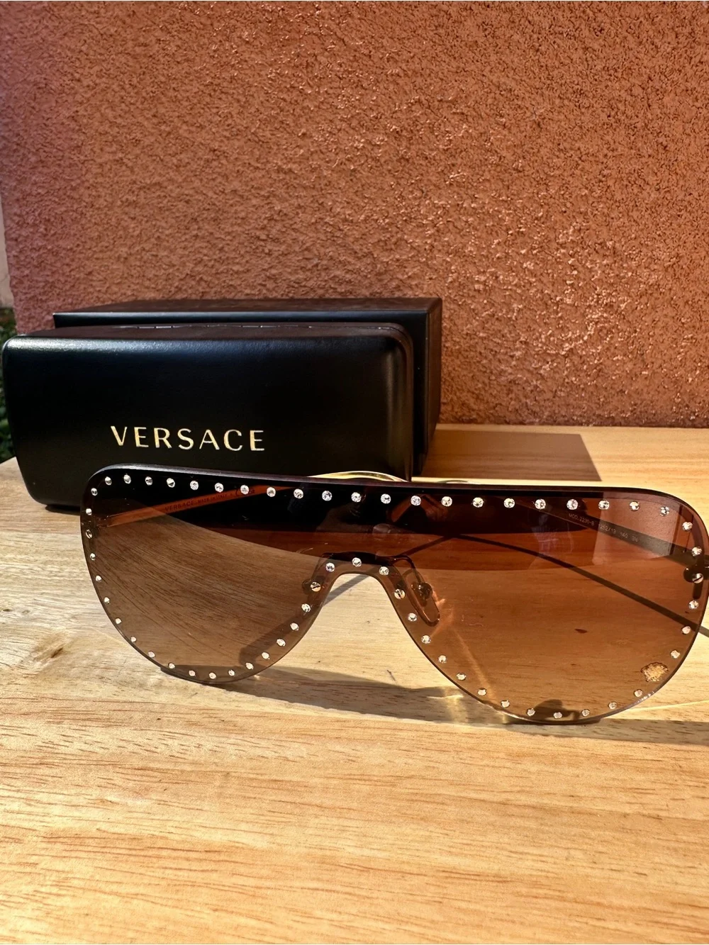 Versace Medusa Crystal Studded Shield Sunglasses Gold w/Brown Lens VE2230B